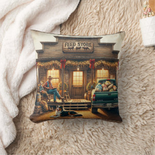 Western Rustic Country Feed Store Christmas Throw Pillow