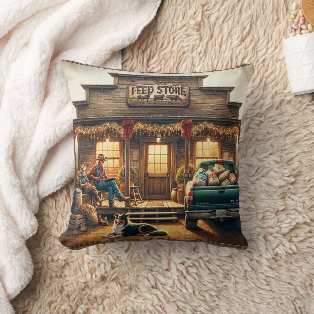 Western Rustic Country Feed Store Christmas Throw Pillow (Blanket)