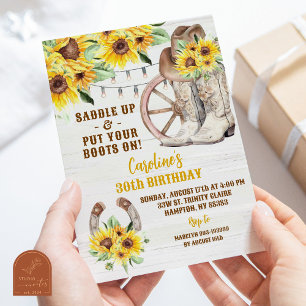 Western Rustic Cowgirl Boots Sunflower Birthday Invitation