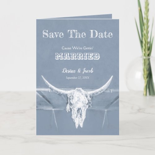 Western Rustic Dusty Blue White Save The Date Announcement