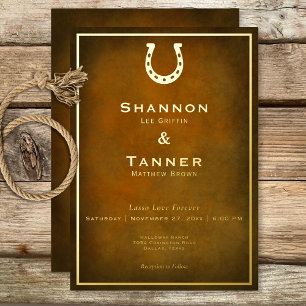 Western Rustic Horseshoe Brown & Gold Wedding Foil Invitation