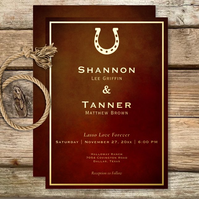 Western Rustic Horseshoe Burgundy & Gold Wedding Foil Invitation (Western Rustic Horseshoe Burgundy & Gold Foil Invitation)