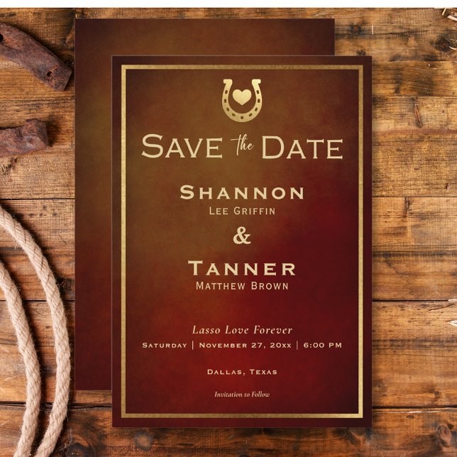 Western Rustic Horseshoe Burgundy & Gold Wedding Save The Date (Western Rustic Horseshoe Burgundy & Gold Wedding Save The Date)