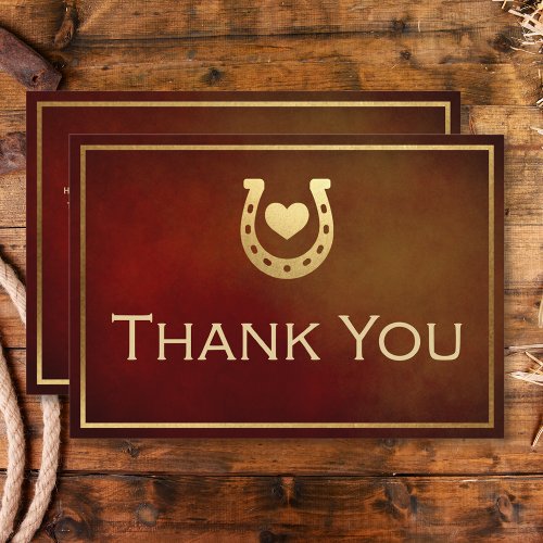 Western Rustic Horseshoe Burgundy  Gold Wedding Thank You Card