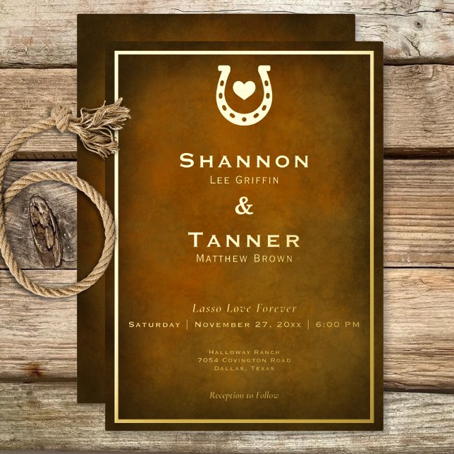 Western Rustic Horseshoe Heart Brown Gold Wedding Foil Invitation (Western Rustic Horseshoe Heart Brown Gold Wedding Foil Invitation)