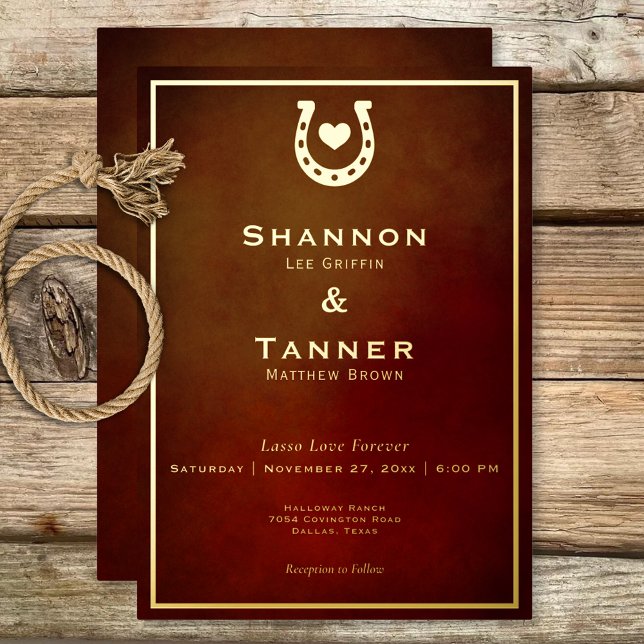 Western Rustic Horseshoe Heart Burgundy & Gold Foil Invitation (Western Rustic Horseshoe Heart Burgundy & Gold Foil Invitation)