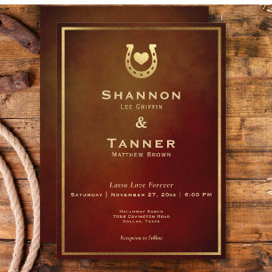 Western Rustic Horseshoe Heart Burgundy & Gold Invitation