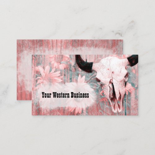 Western Rustic Pink Bull Skull Sunflowers On Wood Business Card
