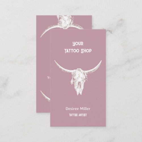 Western Rustic Pink Tattoo Shop Bull Skull Business Card