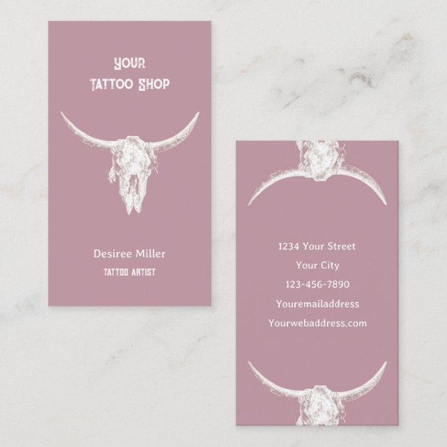 Western Rustic Pink Tattoo Shop Bull Skull Business Card (Front/Back)