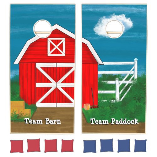 Western Rustic Red Barn Drawing Team Barn Paddock  Cornhole Set