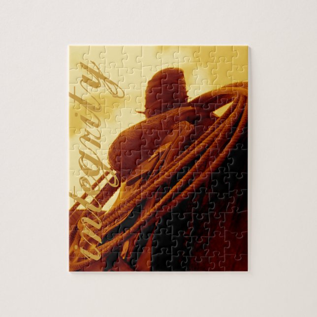 Western rustic roping saddle art jigsaw puzzle (Vertical)