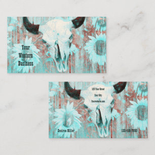 Western Rustic Teal Country Bull Skull Sunflowers Business Card