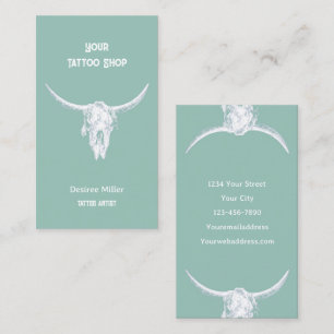 Western Rustic Teal Tattoo Shop Bull Skull Business Card