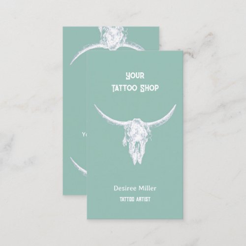 Western Rustic Teal Tattoo Shop Bull Skull Business Card