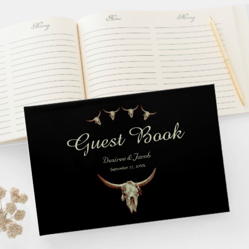 Western Rustic Wedding Black Cow Bull Skull Guest Book