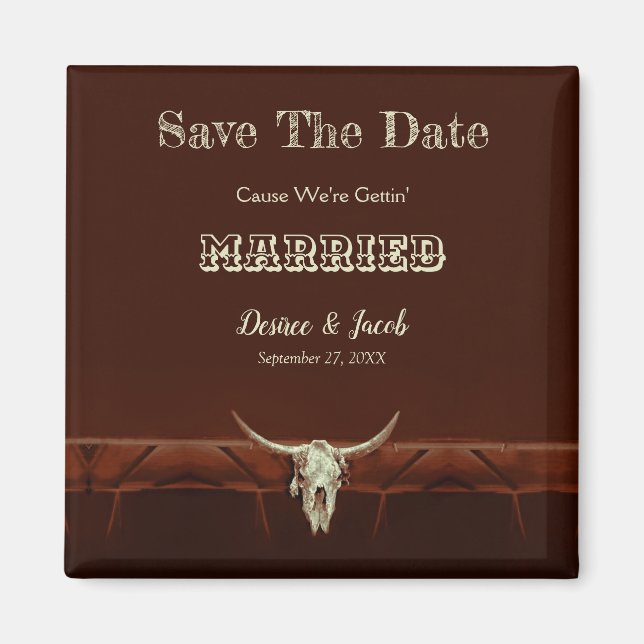 Western Rustic Wedding Bull Skull Save The Date Magnet (Front)