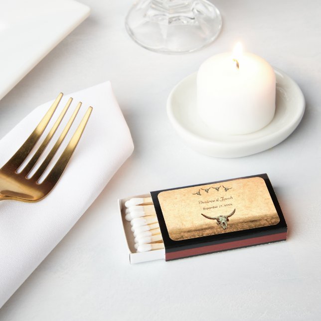 Western Rustic Wedding Country Cow Bull Skull Matchboxes (Insitu)