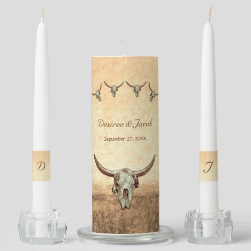 Western Rustic Wedding Country Cow Bull Skull Unity Candle Set