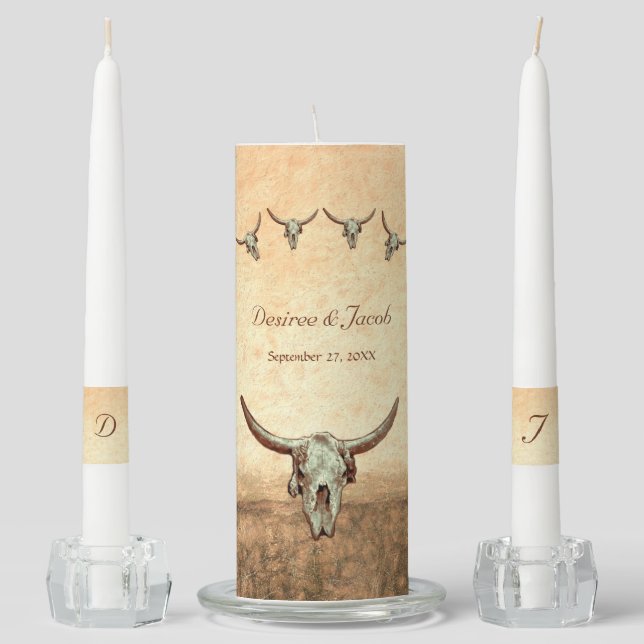 Western Rustic Wedding Country Cow Bull Skull Unity Candle Set (Front)