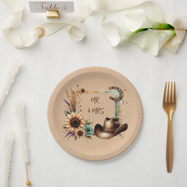 Western Rustic Wedding Mr & Mrs 7 inch Party Paper Plates (Wedding)
