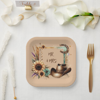 Western Rustic Wedding Mr & Mrs 7 Inch Square Paper Plates