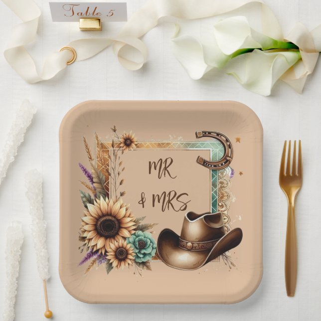 Western Rustic Wedding Mr & Mrs 9 Inch Square  Paper Plates (Wedding)