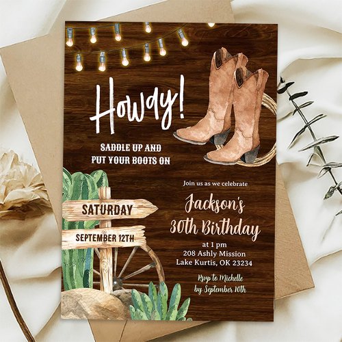 Western Rustic Wood Cowboy Man Birthday Invitation