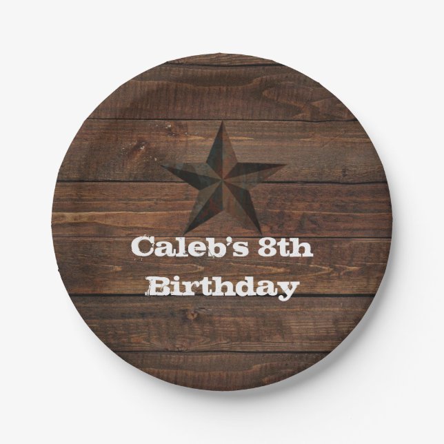 Western Rusty Star on Wood Rustic Country Party Paper Plates (Front)