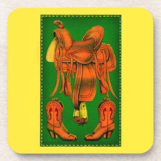 Western saddle and cowboy boots beverage coaster