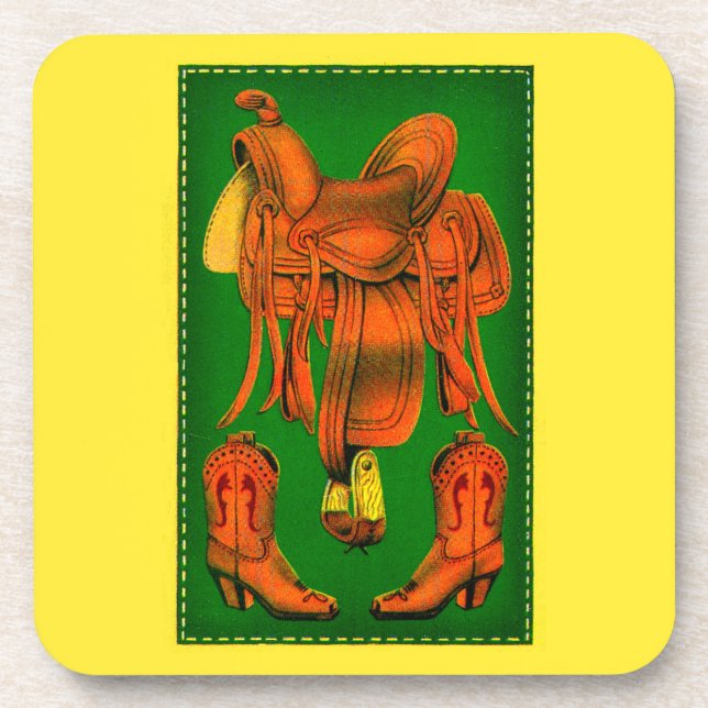 Western saddle and cowboy boots beverage coaster (Front)