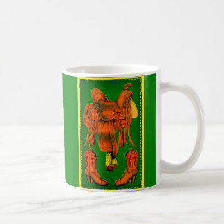 Western saddle and cowboy boots coffee mug