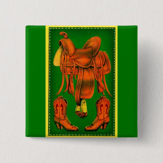Western saddle and cowboy boots pinback button (Front)