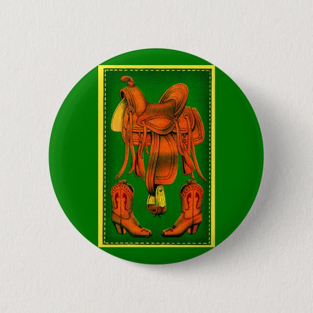 Western saddle and cowboy boots pinback button (Front)