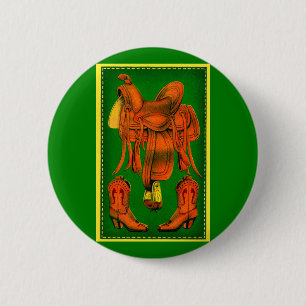 Western saddle and cowboy boots pinback button