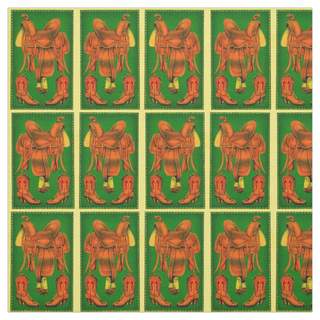 Western saddle and cowboy boots print fabric (Swatch)