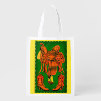 Western saddle and cowboy boots print reusable grocery bag