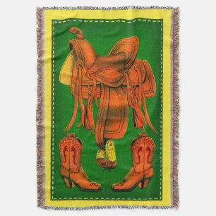 Western saddle and cowboy boots print throw blanket