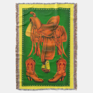 Western saddle and cowboy boots print throw blanket