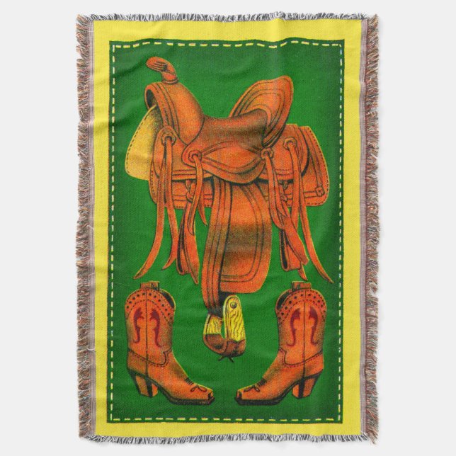 Western saddle and cowboy boots print throw blanket (Front Vertical)