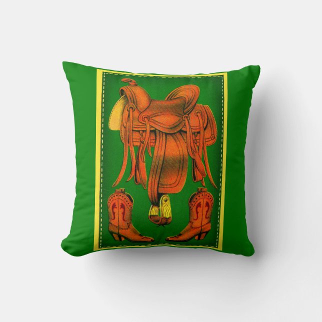 Western saddle and cowboy boots print throw pillow (Front)