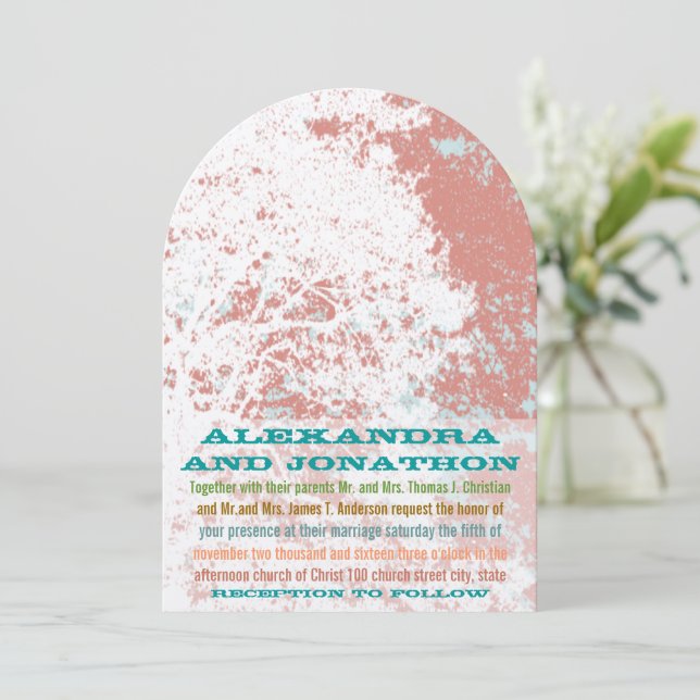 Western Saddle Forest Birch Coral Teal Wedding Invitation (Standing Front)