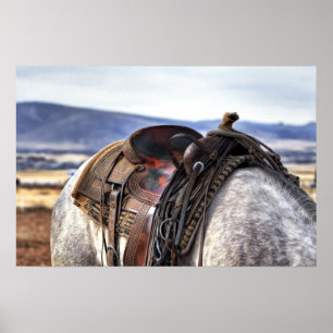 Western Saddle on Gray Horse Poster
