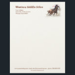 Western saddlery business letterhead<br><div class="desc">A light beige colored letterhead with an illustration of a calf cutting horse and rider on the top right and customizable text on the top left and bottom centre,  for any equestrian business. Envelope and business card also available.</div>