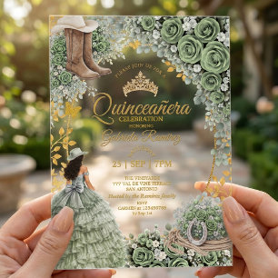 Western Sage Green Rose Golden Country Quinceañera Acrylic Invitations