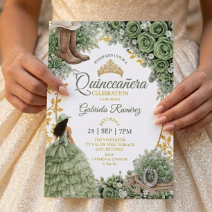 Western Sage Green Rose Golden Country Quinceañera Invitation