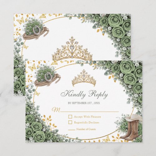 Western Sage Green Rose Golden Country Quinceañera RSVP Card