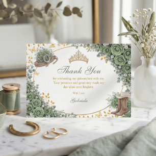 Western Sage Green Rose Golden Country Quinceañera Thank You Card