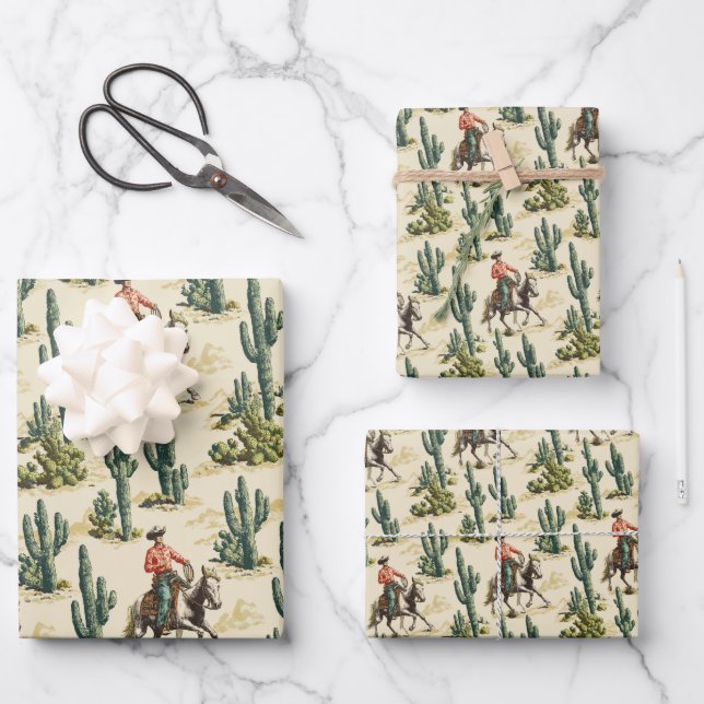 Western Saguaro Cactus and Cowboy Wrapping Paper Sheets (Front)