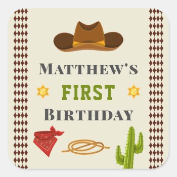 Western Saloon Cowboy Baby Boy Wild West Birthday Square Sticker